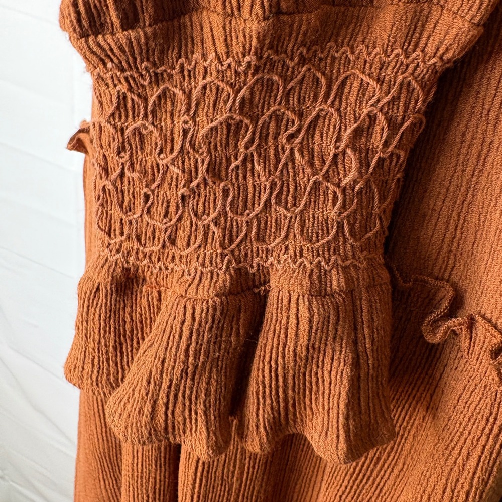 Moon River Dress Smocked Babydoll Ruffle Boho Cottagecore Rust Brown Medium - Picture 8 of 15